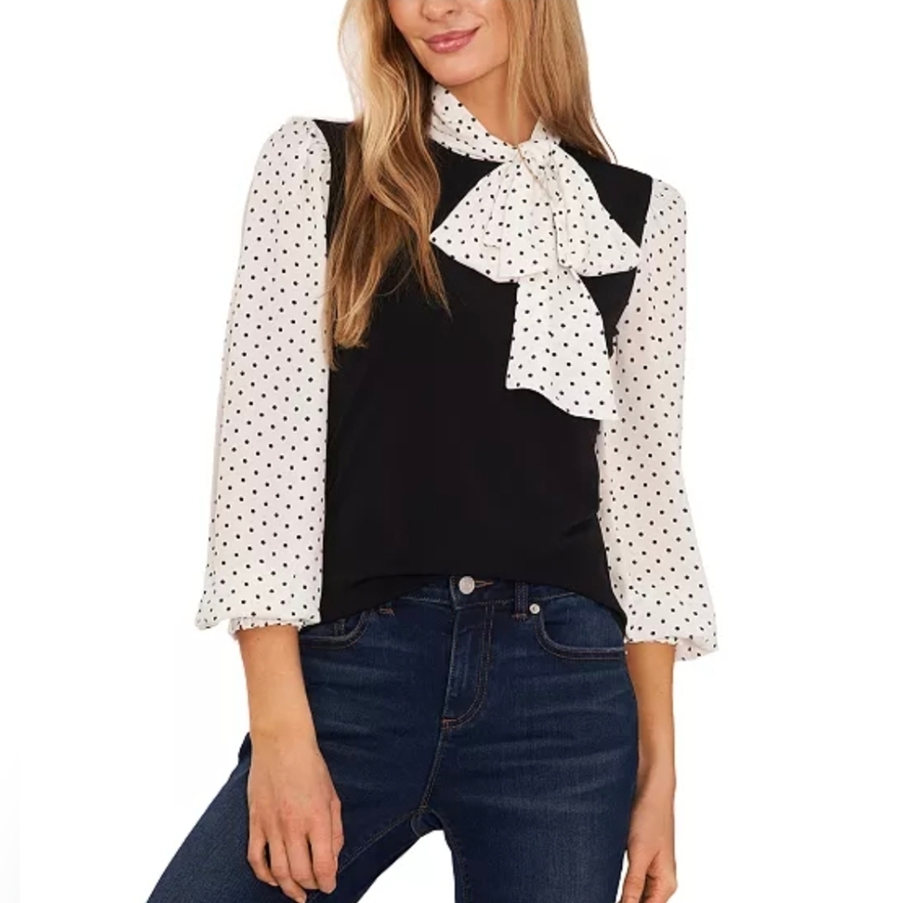 NWT CeCe Women's Black Blouse With polka dot sleeves and a matching bow Tie, XL